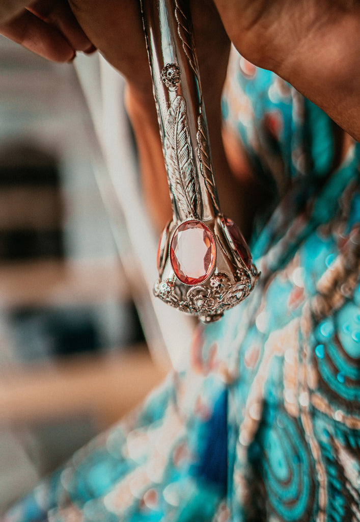 LUXE Swarovski encrusted ivory exterior with blush pink interior and antique jeweled handle